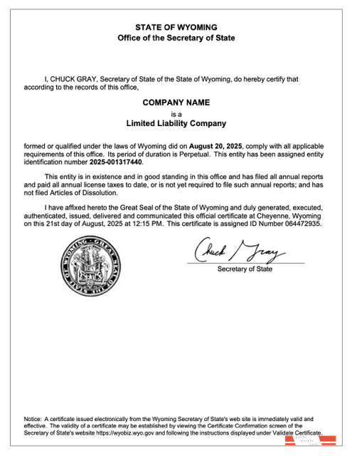 USA Wyoming certificate of registration Word and PDF template